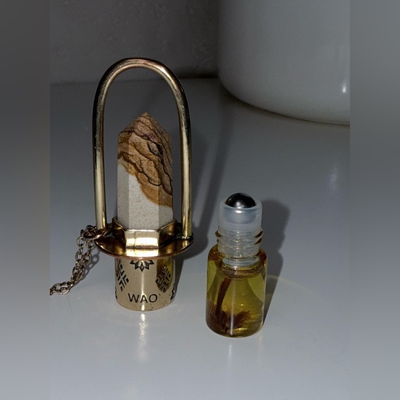 NWOT - Handmade Brass Essential Oil Rollerball Necklace with Ocean Jasper Stone - Picture 10 of 11